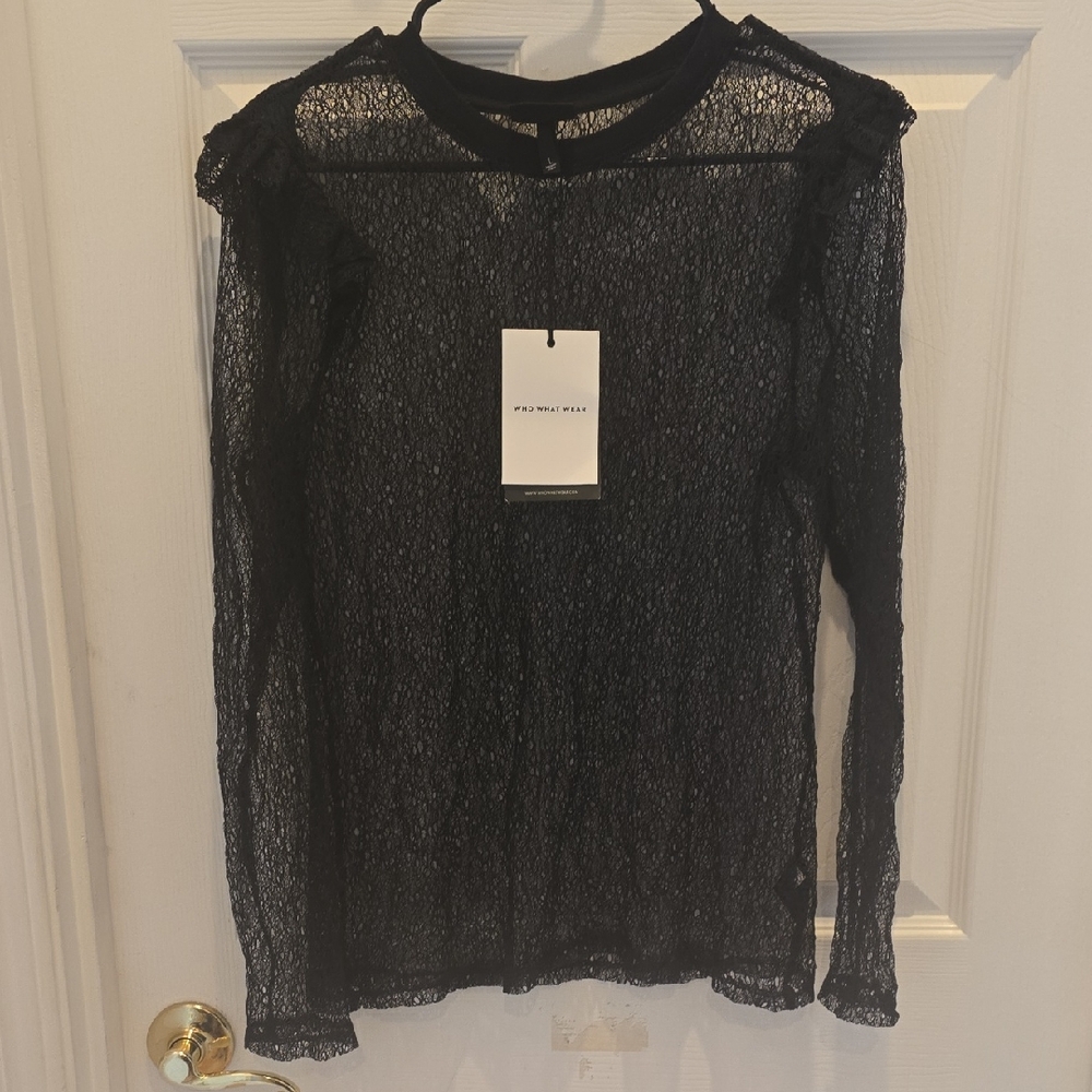 Who What Wear Sheer Black Lace Blouse